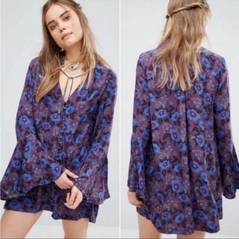 Free People Purple Blue Floral Tie Neck Tunic Mini Dress Small